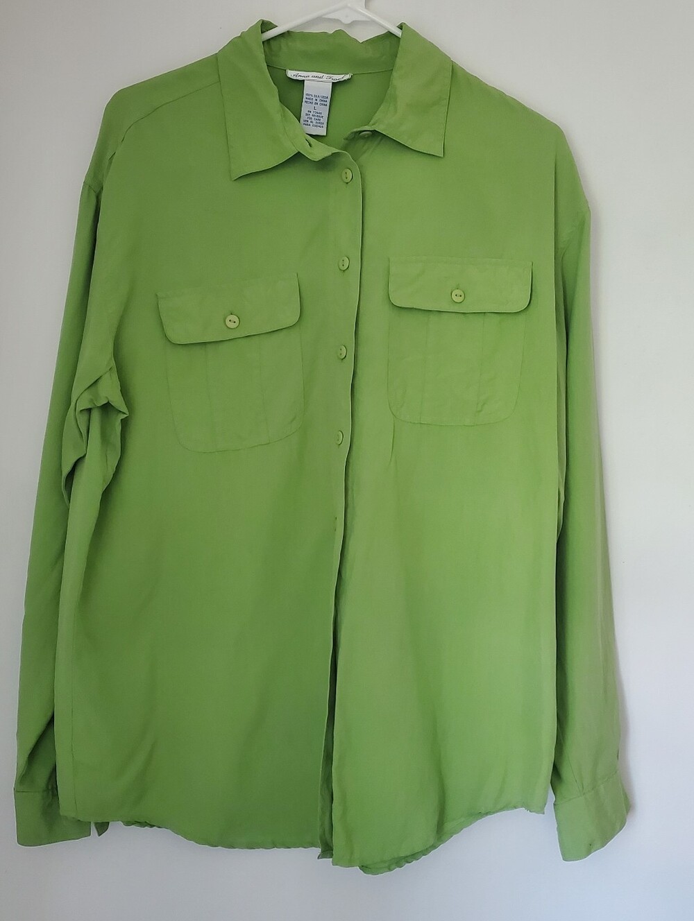 Vintage Anna and Frank Womens 100% Silk Button Down Shirt Large 90s Chartreuse C